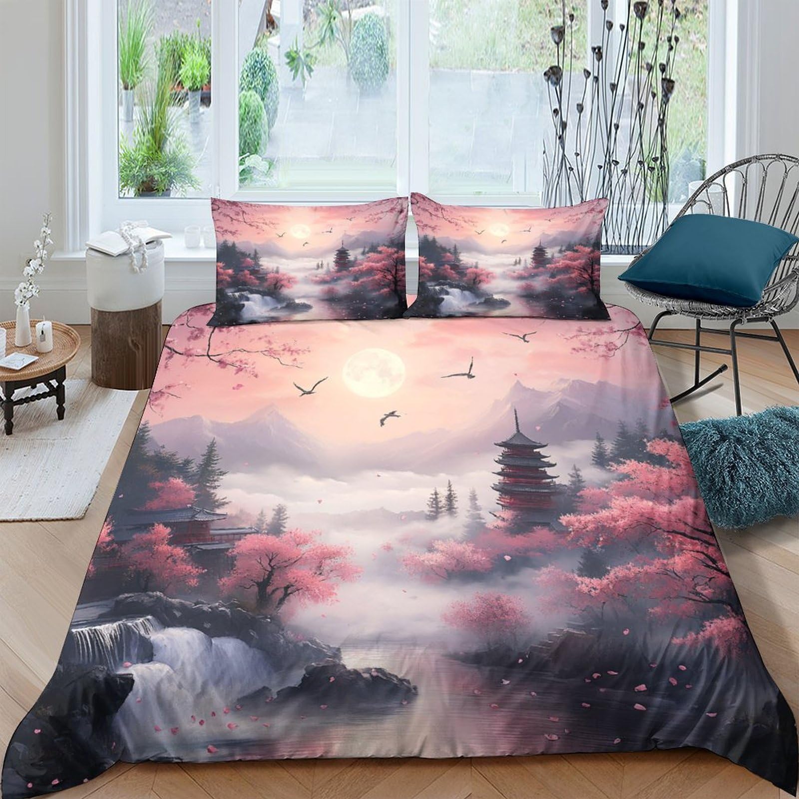 Ctjqhvkz Style-4 3D Printed Pink Forest Fitted Sheet Microfiber Soft Sunrise Landscape Bed Cover For Bedroom Guest Room Dorm Mattress Protection Single（135X200cm）