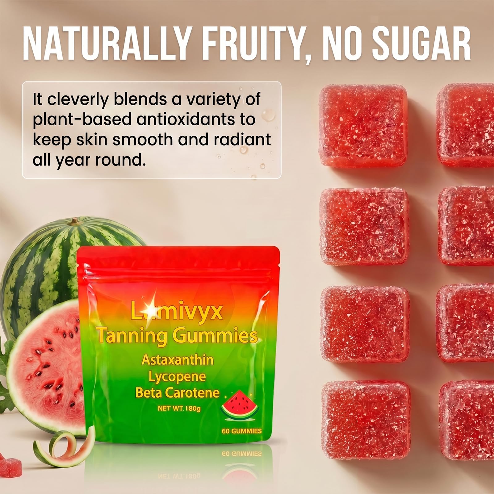 Tanning Gummies with Vitamins C & D, Watermelon Flavor