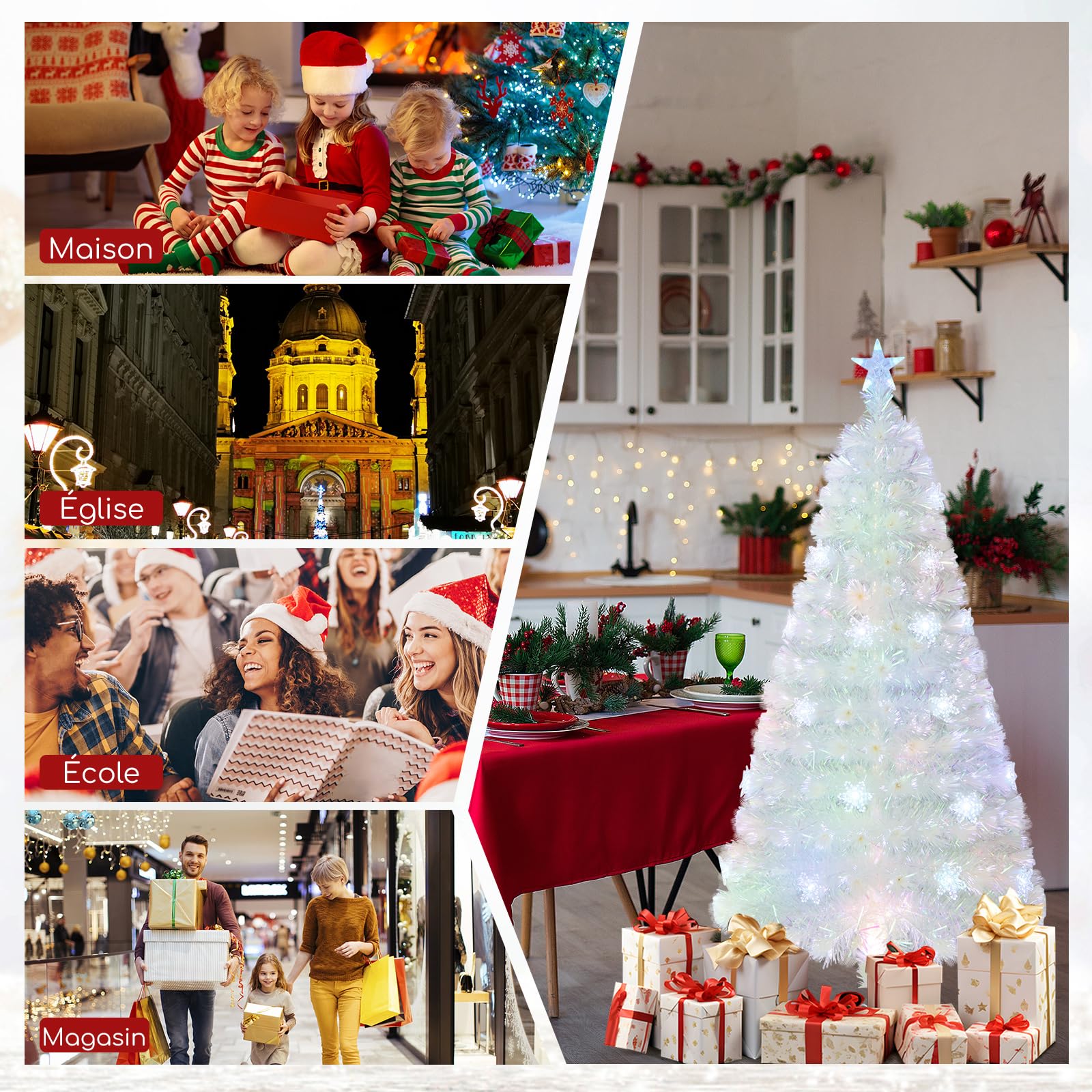 COSTWAY Sapin de Noël Artificiel à Fibre Optique Lumineux LED 120 cm, Blanc avec Feuilles Irisées, Lumières LED Flocon de Neige Multicolores, Lumière Etoilée Supérieure, pour Bureau, Maison