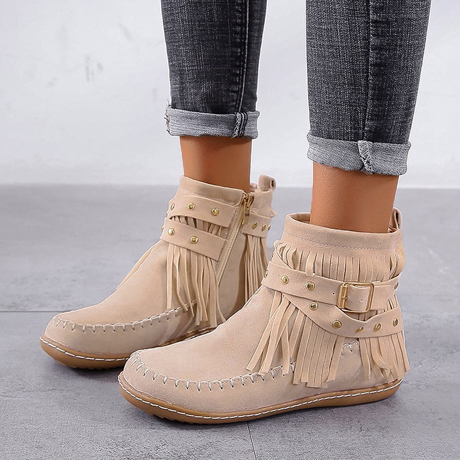 Westernstiefel Damen Mit Fransen : Ankle Boots Damen Elegant Zwiegenäht Mokassins Mit Schnallen Kurzschaft Knöchel Stiefel Rutschfest Gummisohlen Vintage Kurzstiefel Wildleder-Stiefel Cowboystiefel