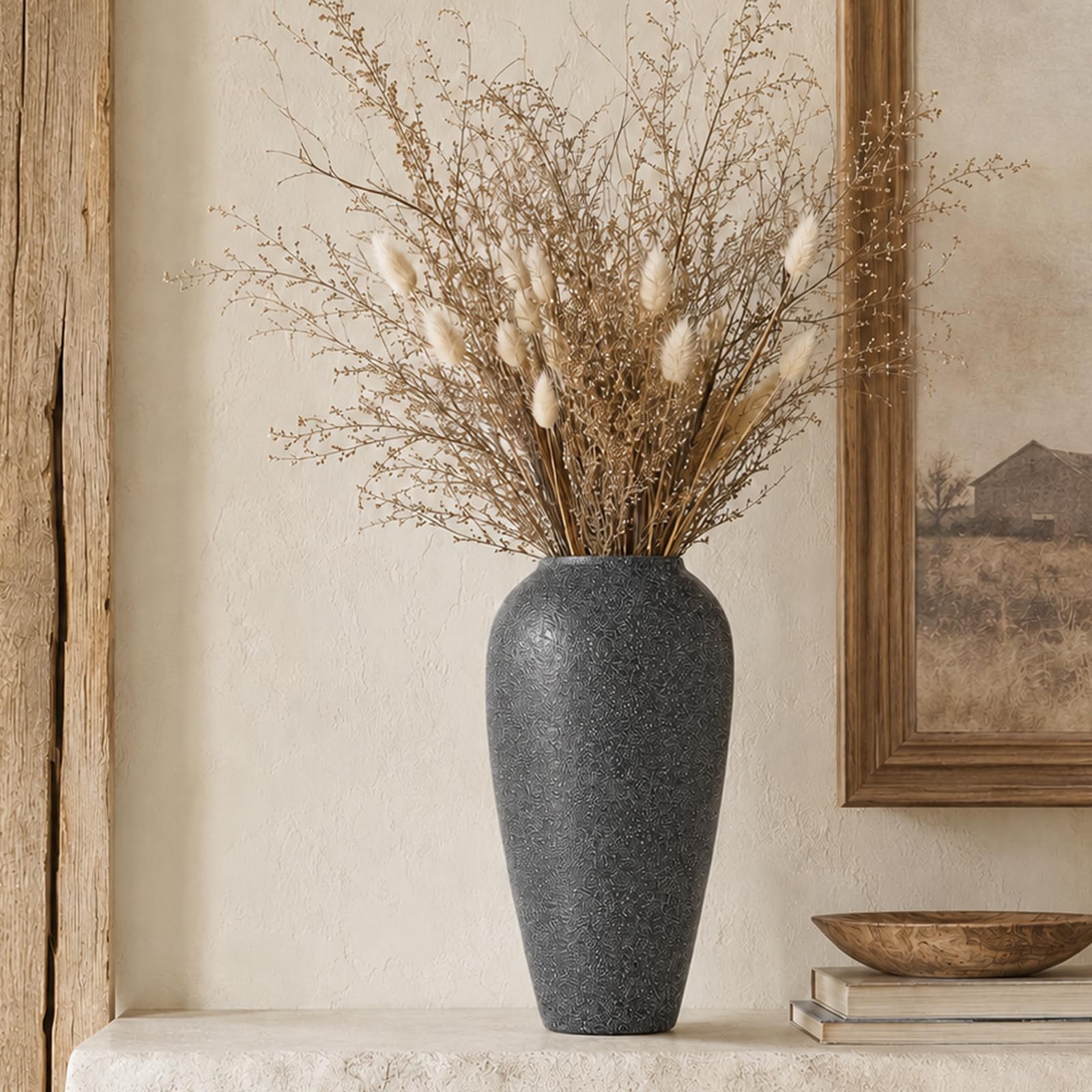 Jarrón de cerámica rústico – Jarrón grande de cerámica negra para decoración del hogar, jarrón moderno de terracota para sala de estar, entrada, cocina, jarrones negros para centros de mesa, regalos