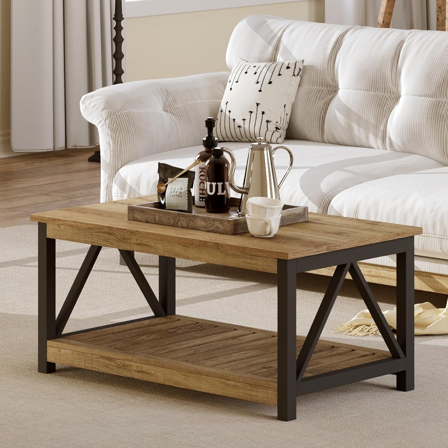 ChooChoo Farmhouse Coffee Table with 2-Tier Storage, 40-Inch Rectangular Wooden Center Table for Living Room, Rustic Oak & Black