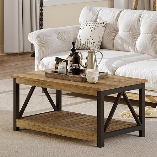 Miniatura 26 de ChooChoo Mesa de centro de granja, mesa rústica vintage para sala de estar con estante, 40 blanco Blanco,Negro -,Espresso,Negro puro,Roble rústico y