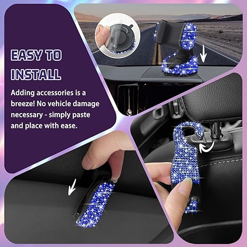 Miniatura 4 de Ruzmmo Juego completo de 40 accesorios brillantes para automóvil para mujer, accesorios de automóvil deslumbrantes azules, funda para volante de
