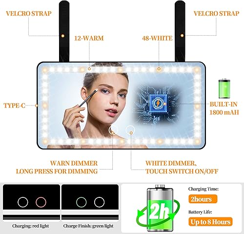 Miniatura 3 de Espejo de tocador para visera de automóvil 2 piezas de espejo de maquillaje LED recargable con 3 modos de luz y pantalla táctil regulable -