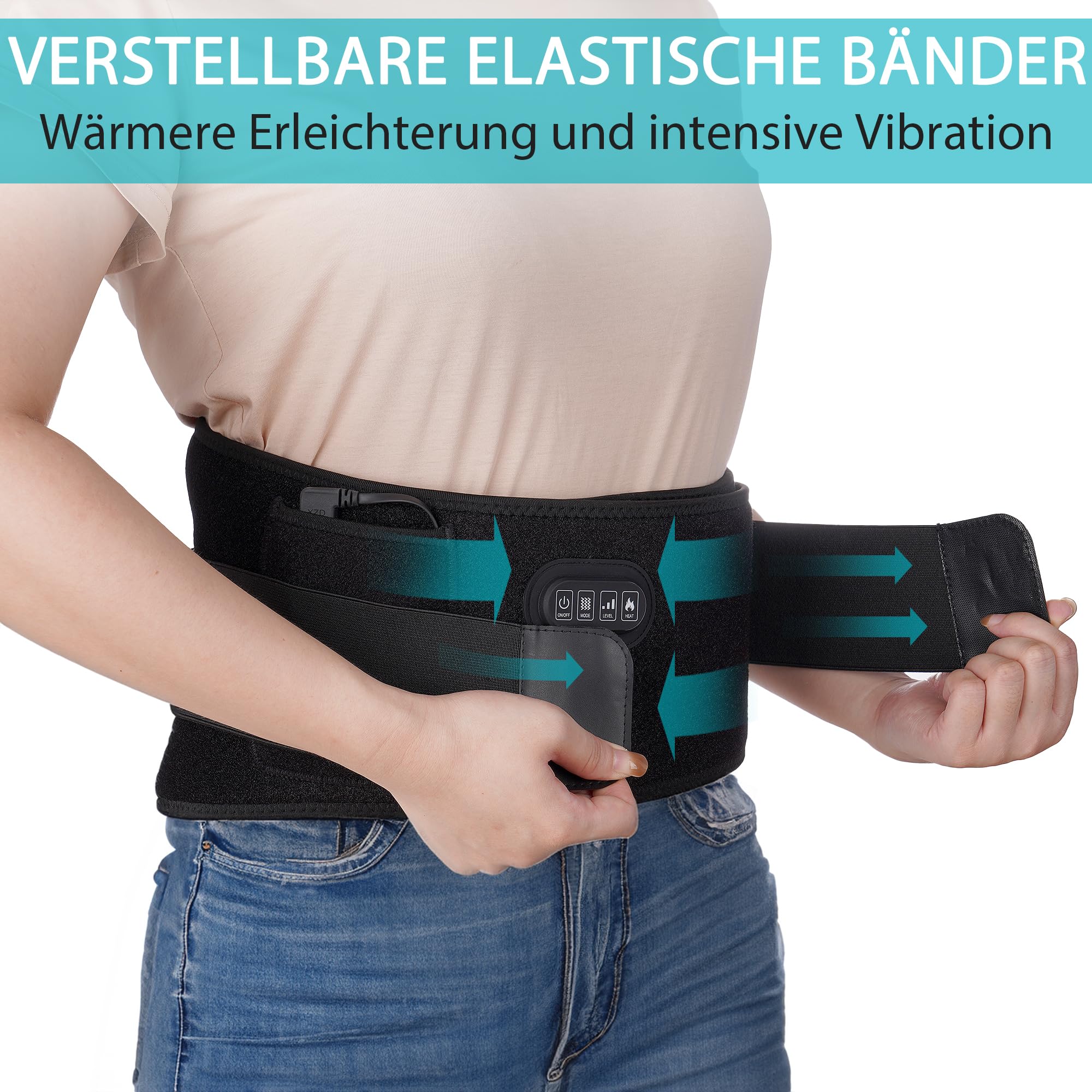 Massage Wärmegürtel gegen Rückenschmerzen mit 5000 mAh Akku, 138 cm Gurt verstellbare Gurte Rückenmassagegerät elektrischer Heizgürtel mit 4 Modi, 3 Intensitäten,mit Timer