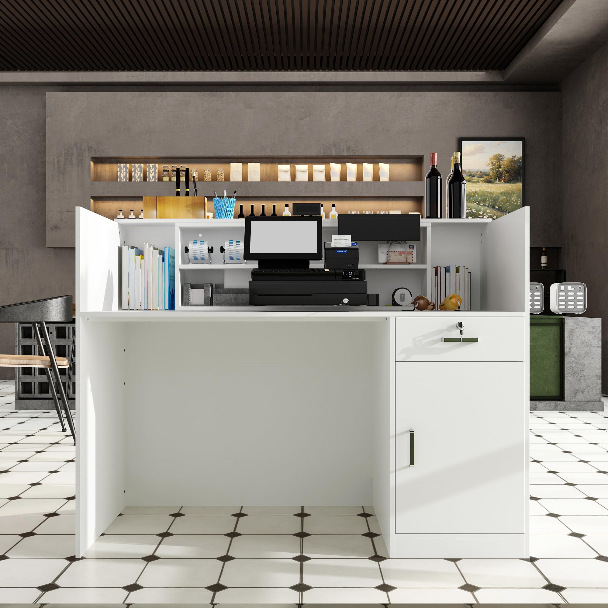 Banco di reception, banchi di reception, banchi di ricevimento, bancone con cassetti e armadi chiudibili, bancone con ripiani aperti regolabili, 140 x 60 x 110 cm, MDF
