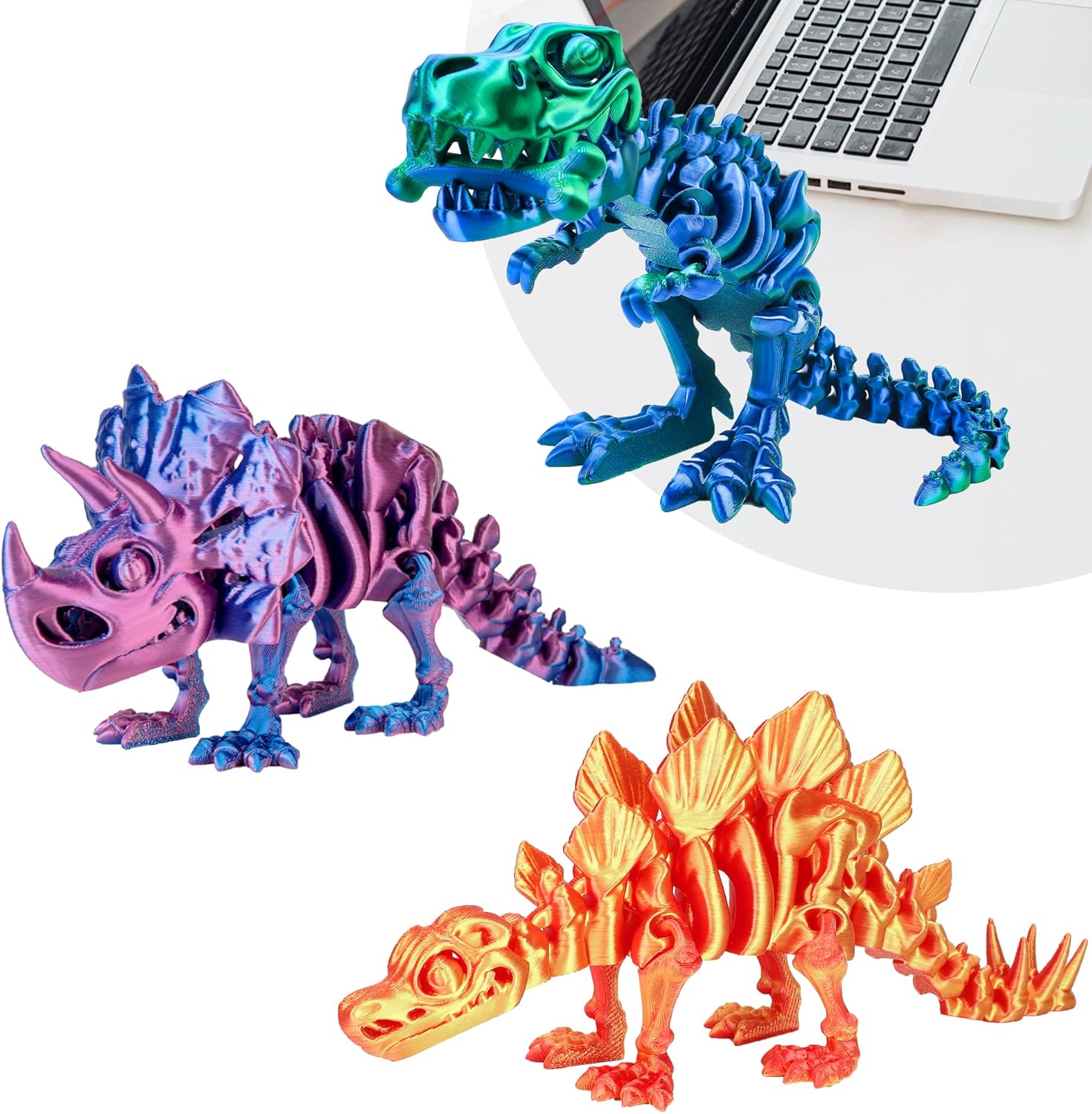 3PCS 3D Printed Dinosaur Skeletons, 3D Printed Dragon Animals Toys, T-Rex Triceratops Stegosaurus Fidget Toys Adults Desk, Poseable with Articulated Joints, Home Decor, Stress Relief Toy