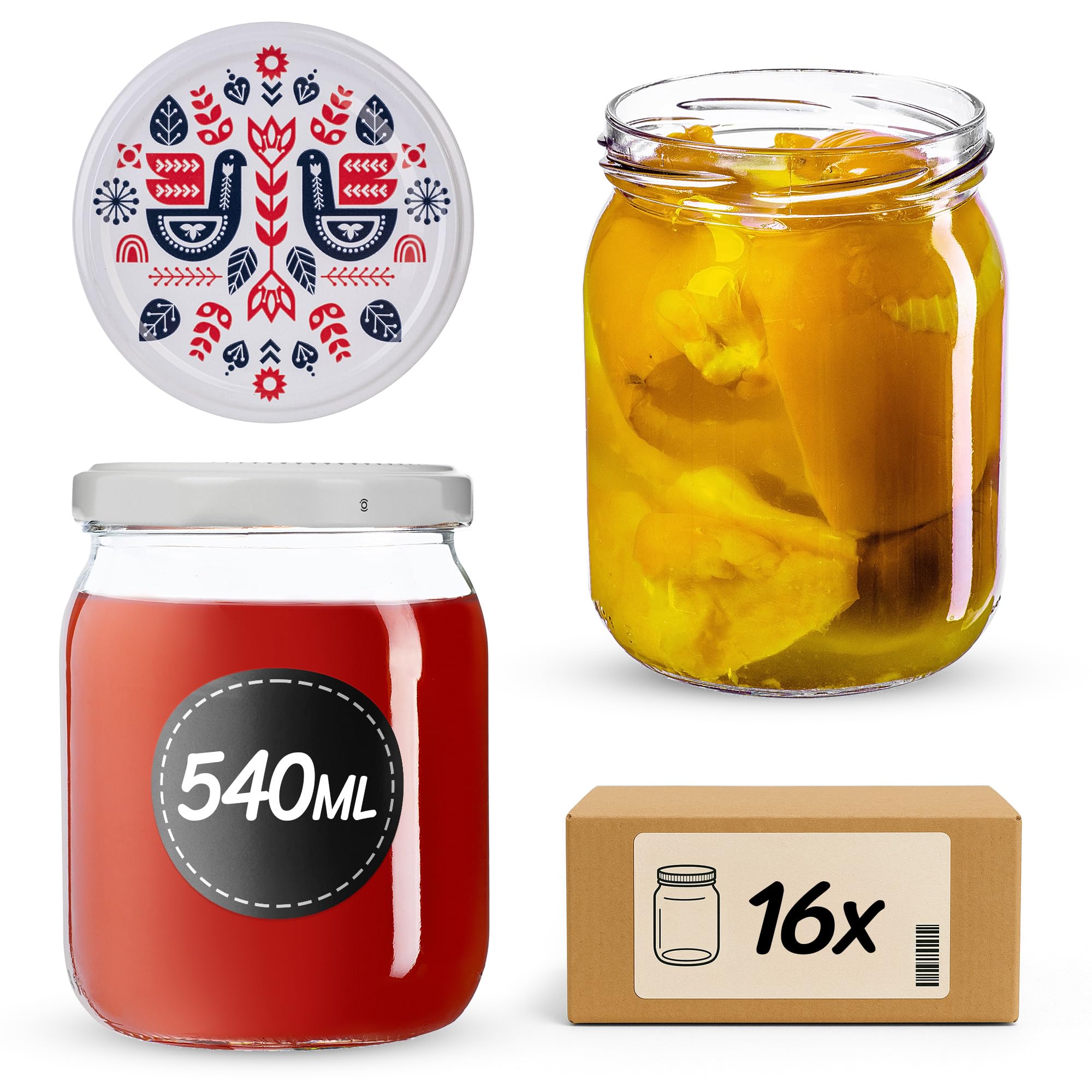 KADAX 16er Set Einmachgläser 540ml TO82 Folklore I, Sturzgläser Mason Jar mit Schraubdeckel, Luftdichte Twist-off Gläser, Meal Prep, Overnight Oats, Sauerteig