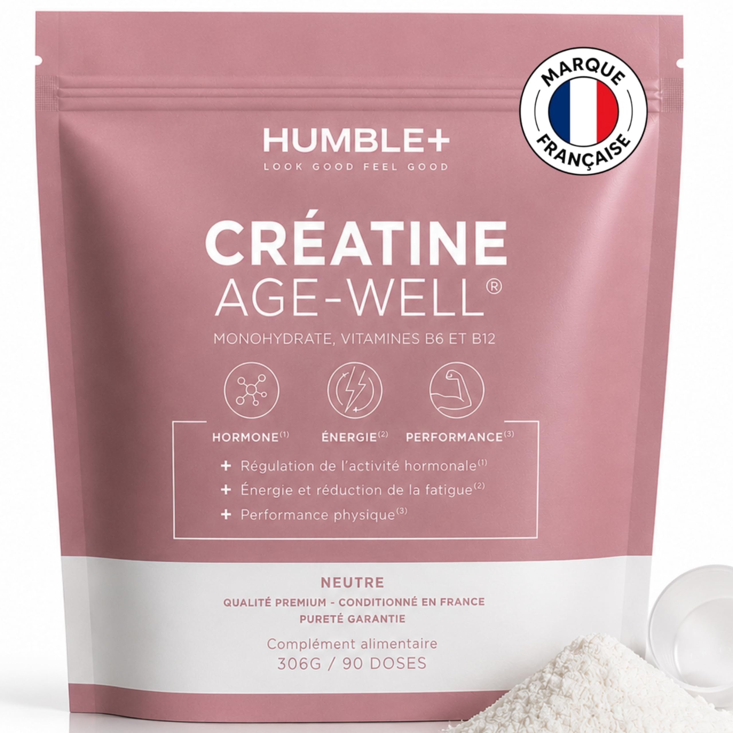 HUMBLE+ Créatine Glow Age-Well® - Créatine Monohydrate + Vitamines B6 et B12-310 g - 90 Portions - Marque Française