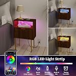 Nightstand with Charging Station and LED Lights, Modern Bedside Table with Drawer, Fluted Night Stand for Living Room, Bedroom (Vertical Stripe, Walnut Brown)