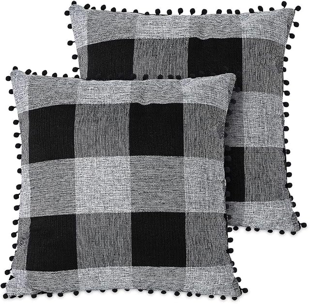 Artscope Buffalo Check Plaid Cushion Cover with Pom Poms Set of 2 Decorative Square Pillowcase Throw Pillow Covers 45x45cm for Home Sofa Bedroom Car Decor (Black & Grey)