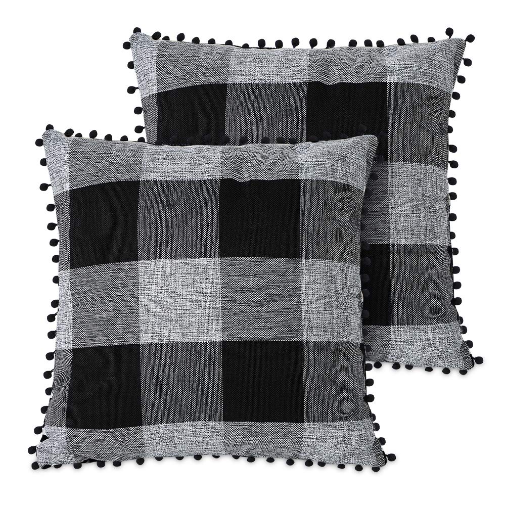 Artscope 2 Federe Per Cuscini Quadrate 45x45 Cm, Motivo Scozzese A Quadri Con Ponpon, Colore Nero E Grigio, Solo Coperture