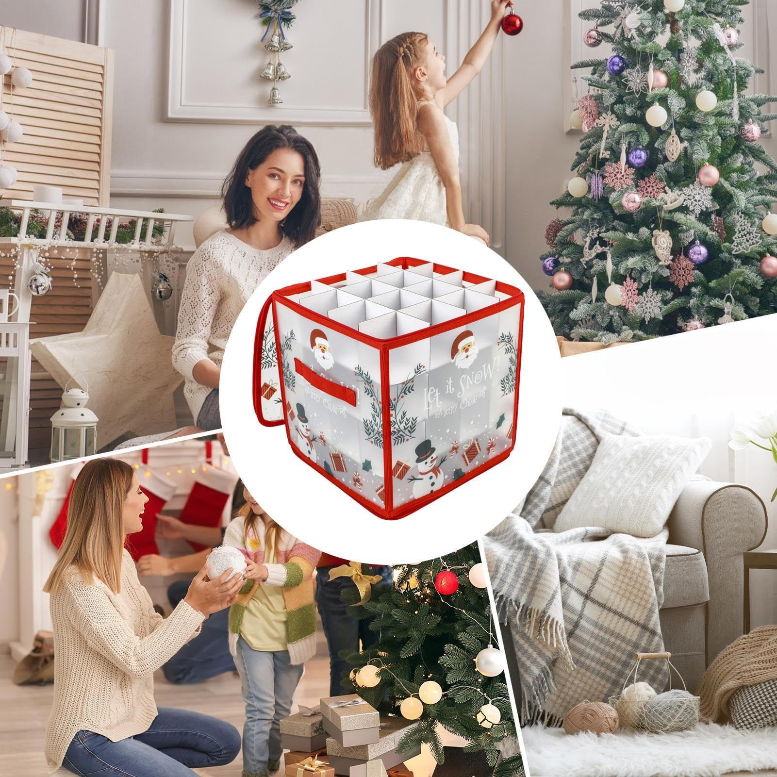Ornament Aufbewahrungsbox mit Reißverschluss, Trennwänden, Deckel & Griff | Für 64 Kugeln, geeignet für Ferienhaus, Keller, Garage, Schrank, Studentenwohnheim