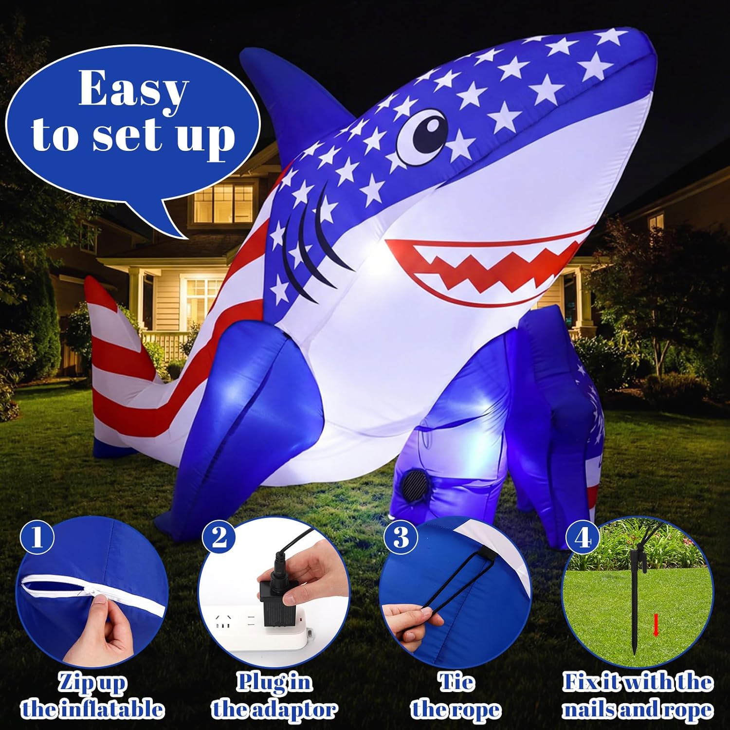 9 x 5 ft 4th of July Inflatable Patriotic Memorial Day Inflatable Outdoor Decorations LED 250th Anniversary Yard Decor Shark Shaped Blow up Yard Decoration for Garden Lawn
