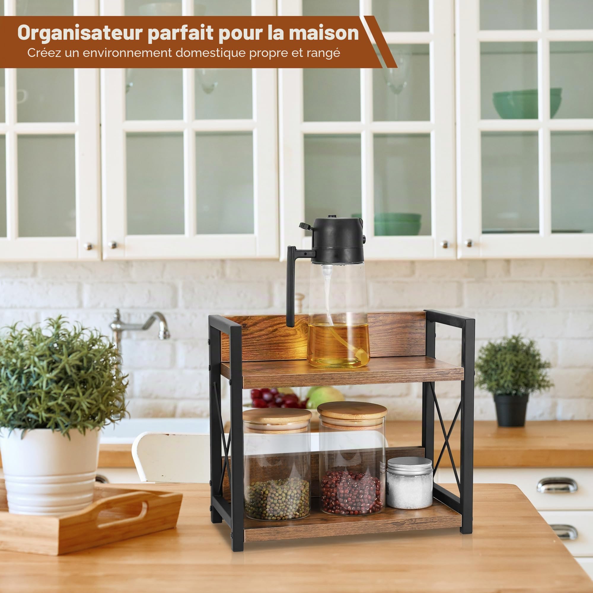 2 Étages Étagère à Épices, Étagère de Rangement de Cuisine, Organisateur de Bureau Multifonctionnel pour Salon, Salle à Manger, Bureau, Support à Épices Empilable pour Pots de Épices ou Canettes