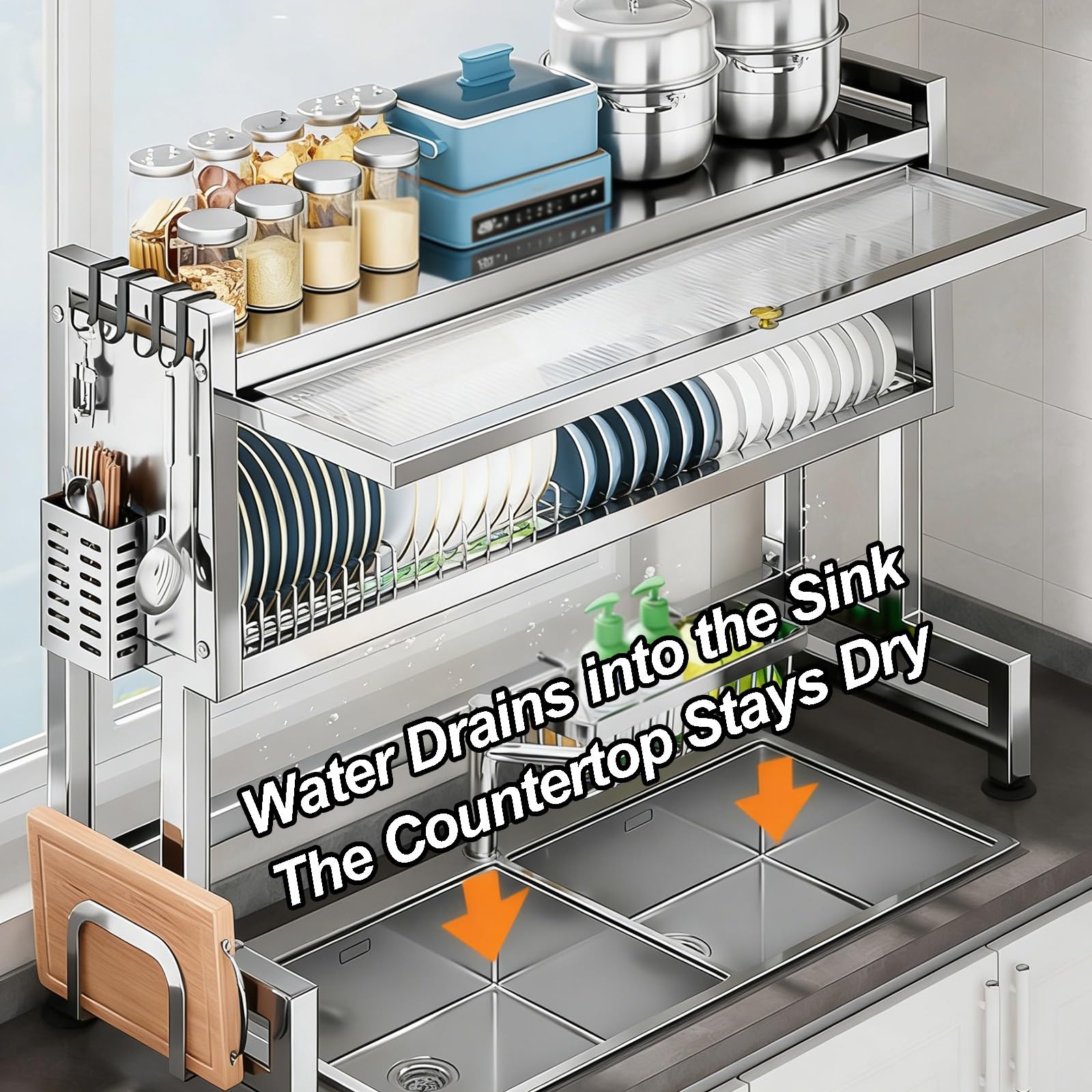 Escurridor de platos de acero inoxidable para encimera de cocina con bandeja de goteo, organizador de encimera con tapa que ahorra espacio, gran capacidad