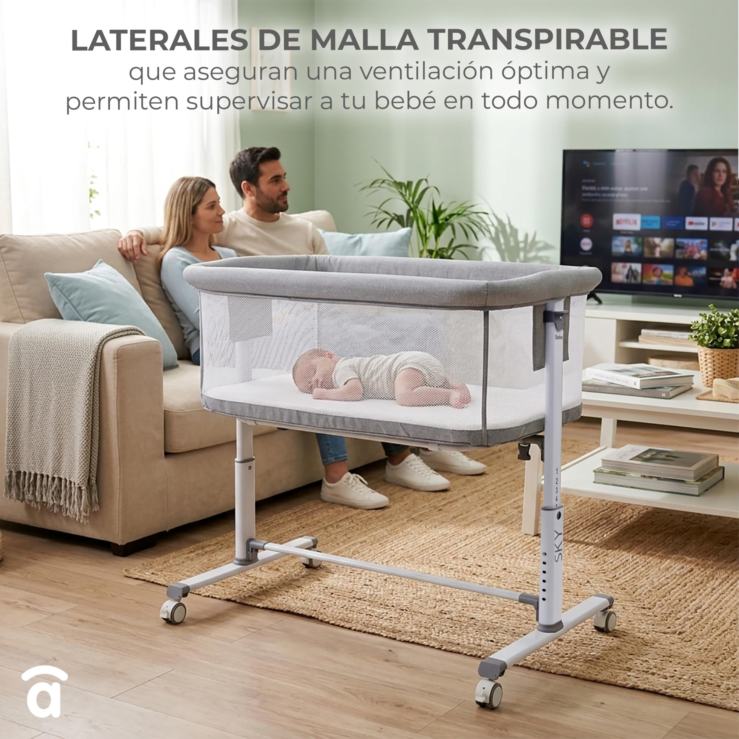 Minicuna de colecho lateral abatible | 6 alturas regulables, colchón incluido, malla transpirable 360º | Certificada EN 1130 y EN 16890 | Sky Gris Asalvo
