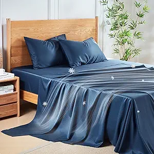 MR&HM Twin Sheets Set, 3-Piece Cooling Sheets, Rayon Derived from Bamboo & Polyester Blend, Soft & Silky, 15" Deep Pockets with Elastic Straps, Hotel Luxury for Hot Sleepers, Navy Blue
