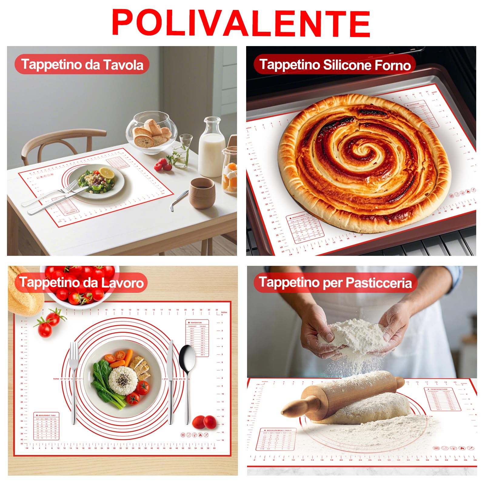 Tappetino Da Forno In Silicone 70x50 Cm Con 3 Spatole – Antiaderente, Misurato, Resistente Al Calore, Per Pizza, Biscotti, Pasta
