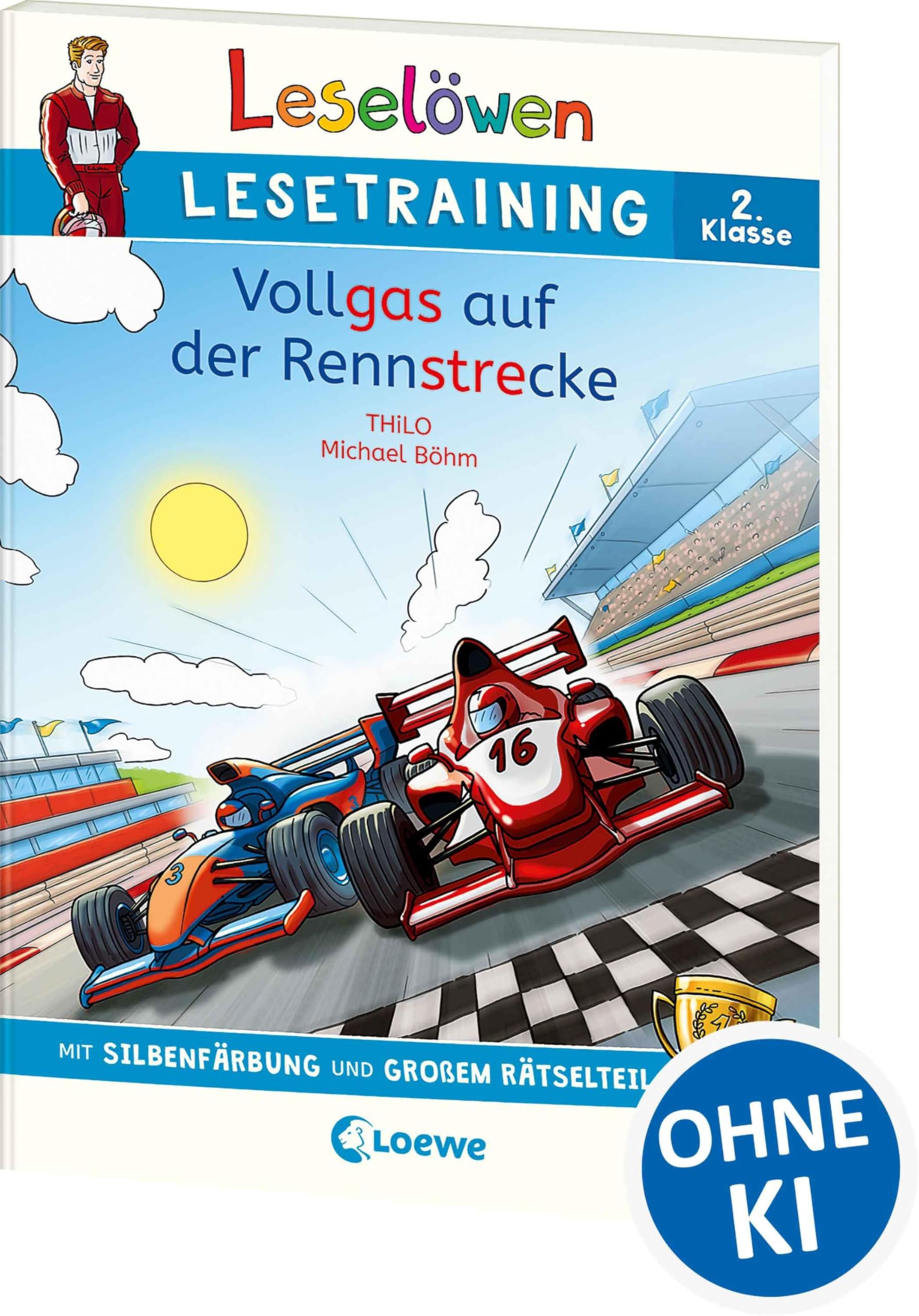 Leselöwen Lesetraining 2. Klasse - Vollgas auf der Rennstrecke: mit Silbenfärbung und großem Rätselteil - Erstlesebuch zum Lesenüben mit Rätseln für Kinder ab 7 Jahren