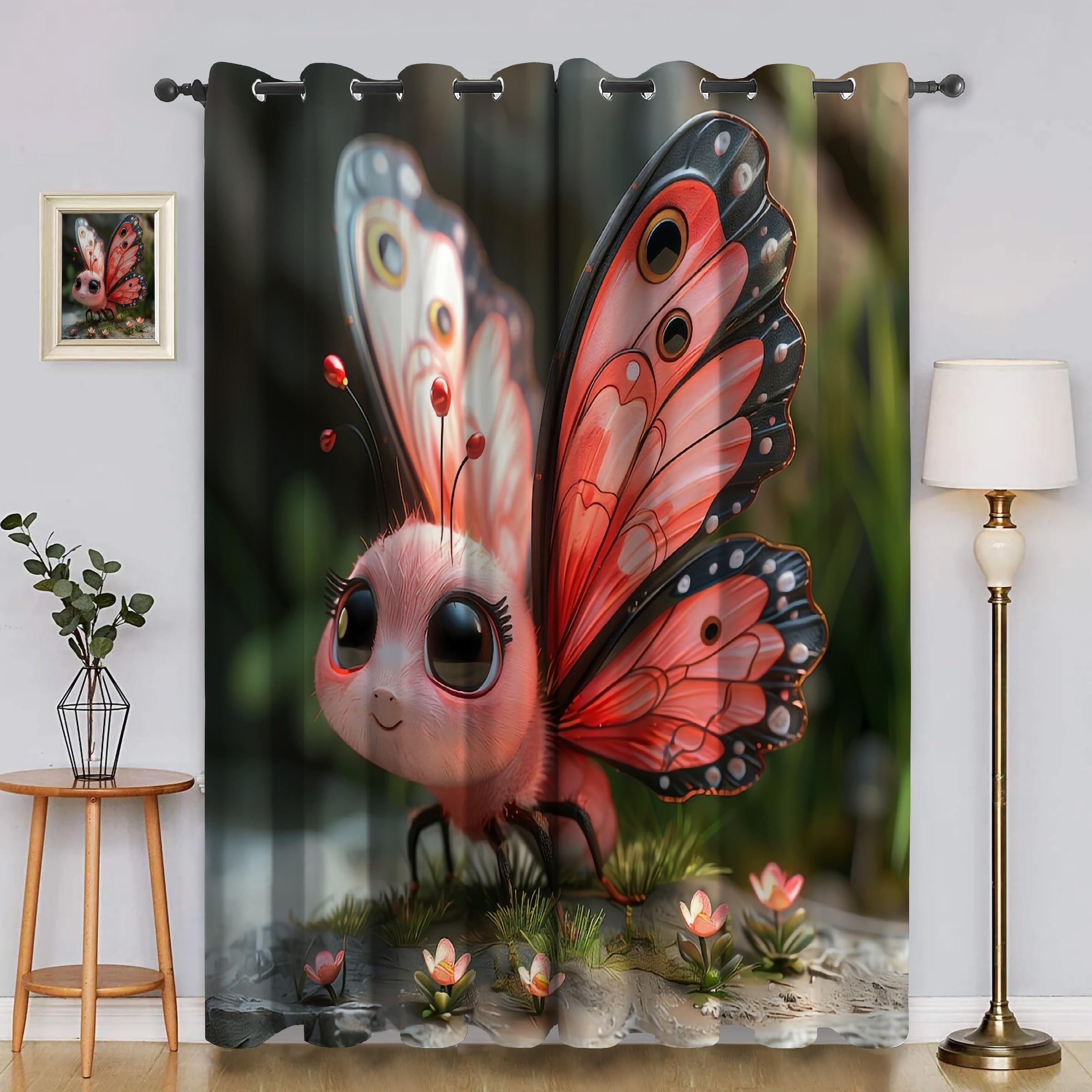 Cortinas Salon PequeñA Flor Cortinas Dormitorio Mariposa De Dibujos Animados Cortinas Opacas 2 Piezas, Cortinas Termicas Aislantes Frio y Calor con Ojales 140x260cm