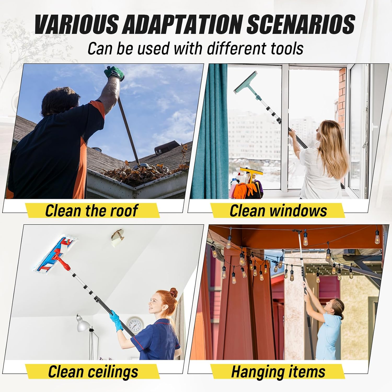 7-36 ft Telescopic Extension Pole with Utility Hook, Multi-Purpose Aluminum Pole for Painting, Dusting and New Year Window Cleaning Christmas Lights Installation Without a Ladder (Black)