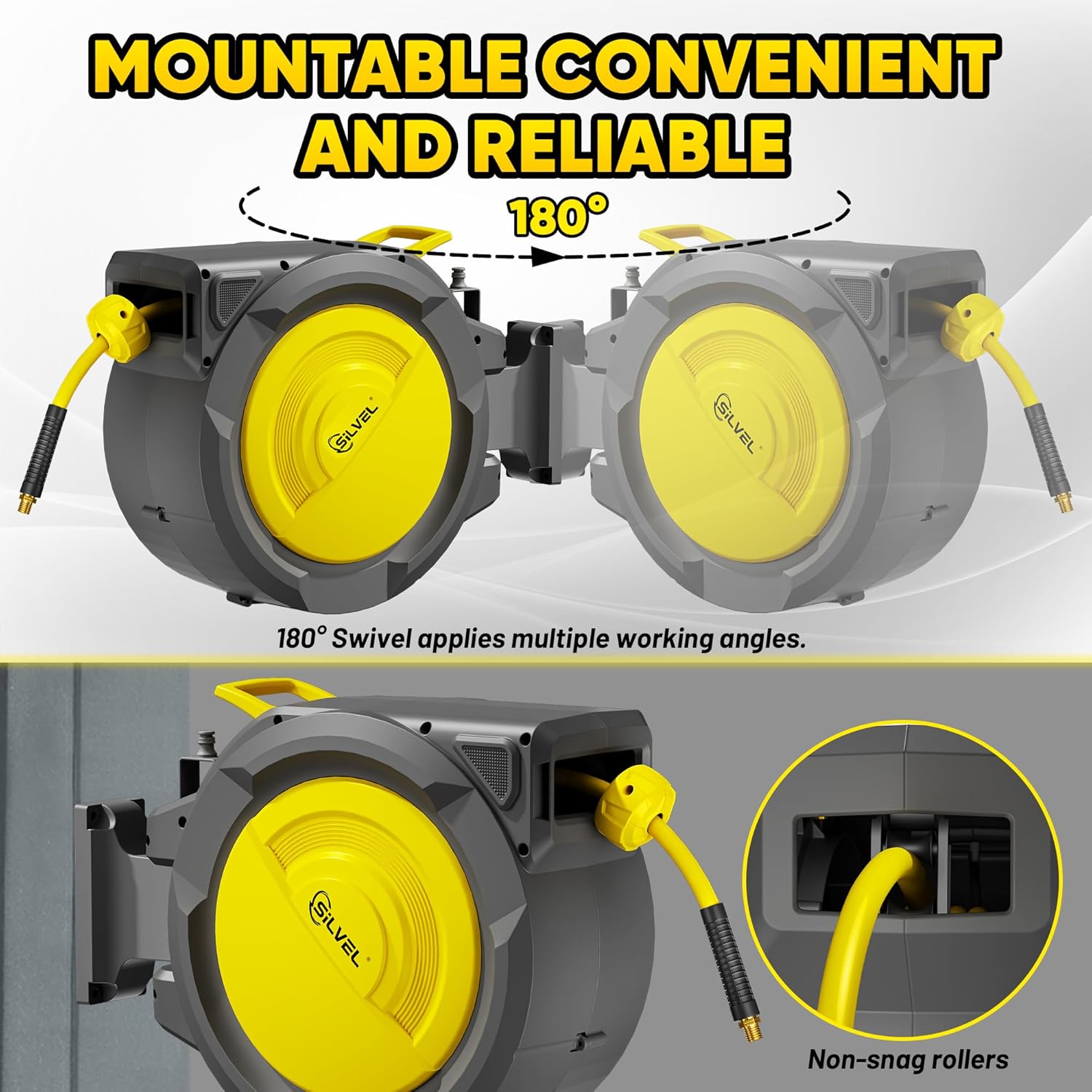 SILVEL 3/8 in x 115FT Retractable Air Hose Reel + 800W (30000R/MIN) Wood Router, Automatic Rewind & 180°Swivel Bracket Penumatic Hose Reel and 6.5Amp 1.25HP Hand Wood Router Tool, Woodworking, DIY
