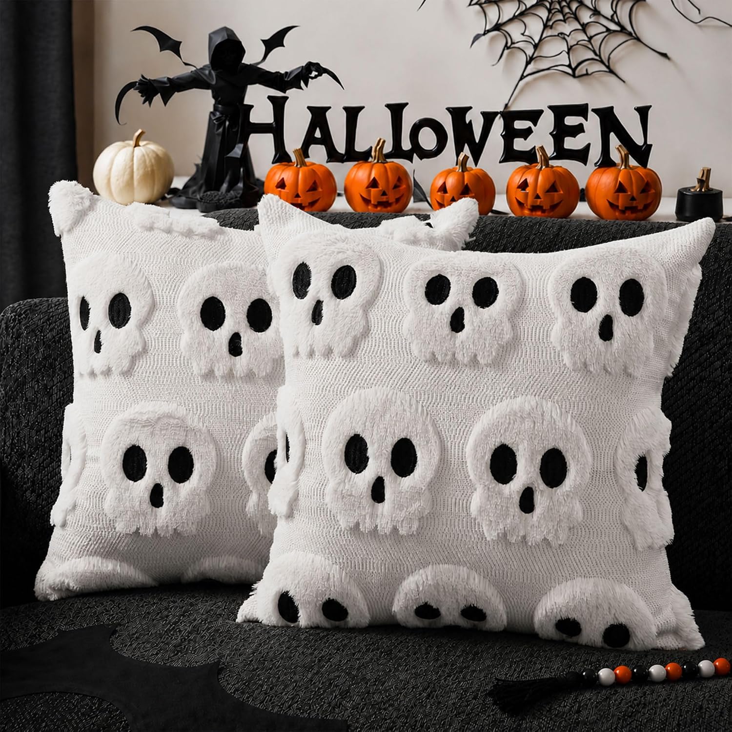 DFXSZ Halloween Pillow Covers 18x18 inch Set of 2 White Skeletont Halloween Decorations Soft Plush Faux Fur Wool Couch Cushion Case for Chair Sofa Bedroom Living Room Home Decor PTK04B18