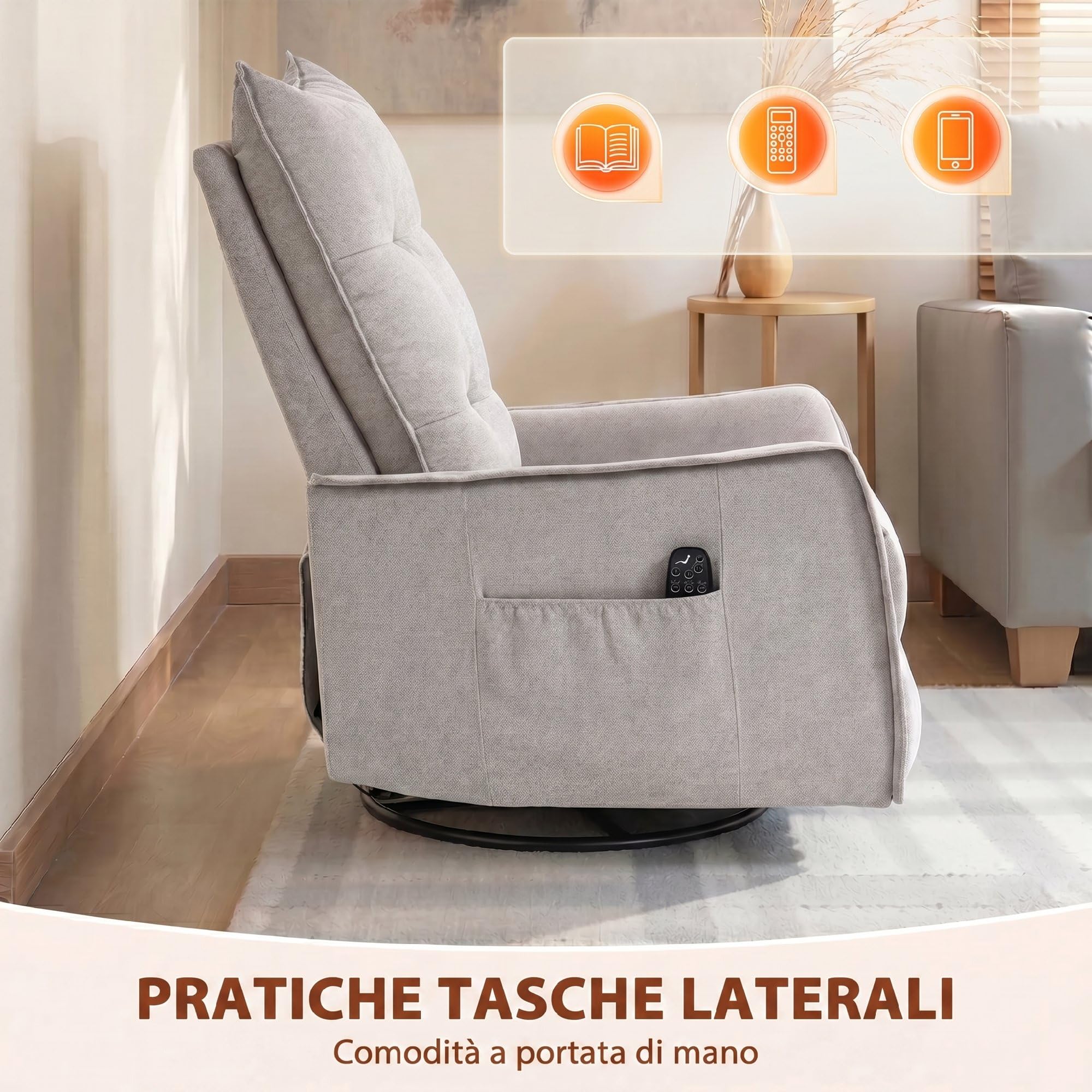 HOMCOM Poltrona Massaggiante Reclinabile Manuale 155° Riscaldante, 8 Punti di Massaggio, Poltrona Relax Girevole in Ciniglia, Funzione Dondolo, Poggiapiedi, Telecomando, Tasche Laterali, Grigio Chiaro