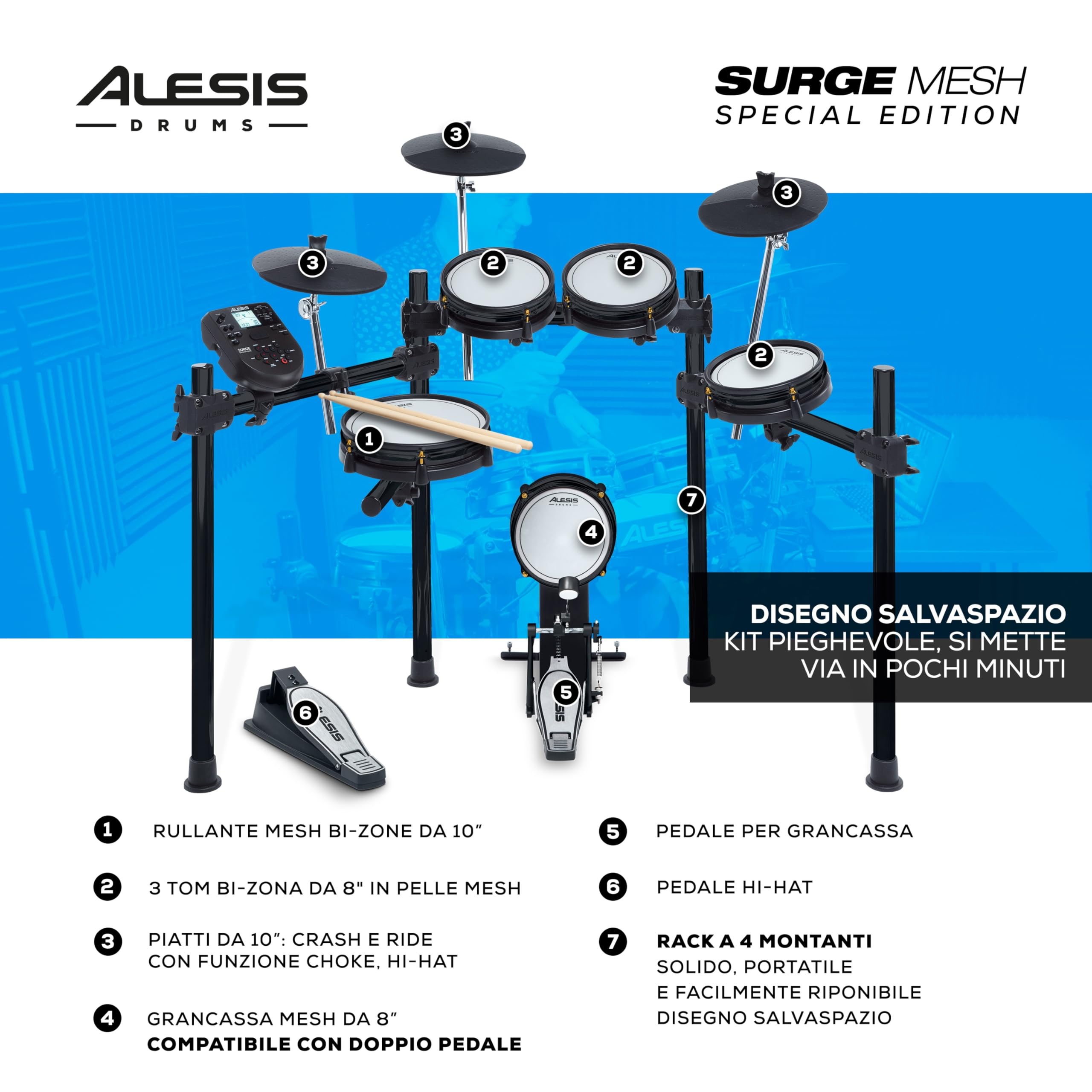 Alesis Surge SE Kit – Batteria Elettronica con Pelli Mesh, Connettività USB MIDI e Modulo con 40 Kit, 385 Suoni e 60 Basi