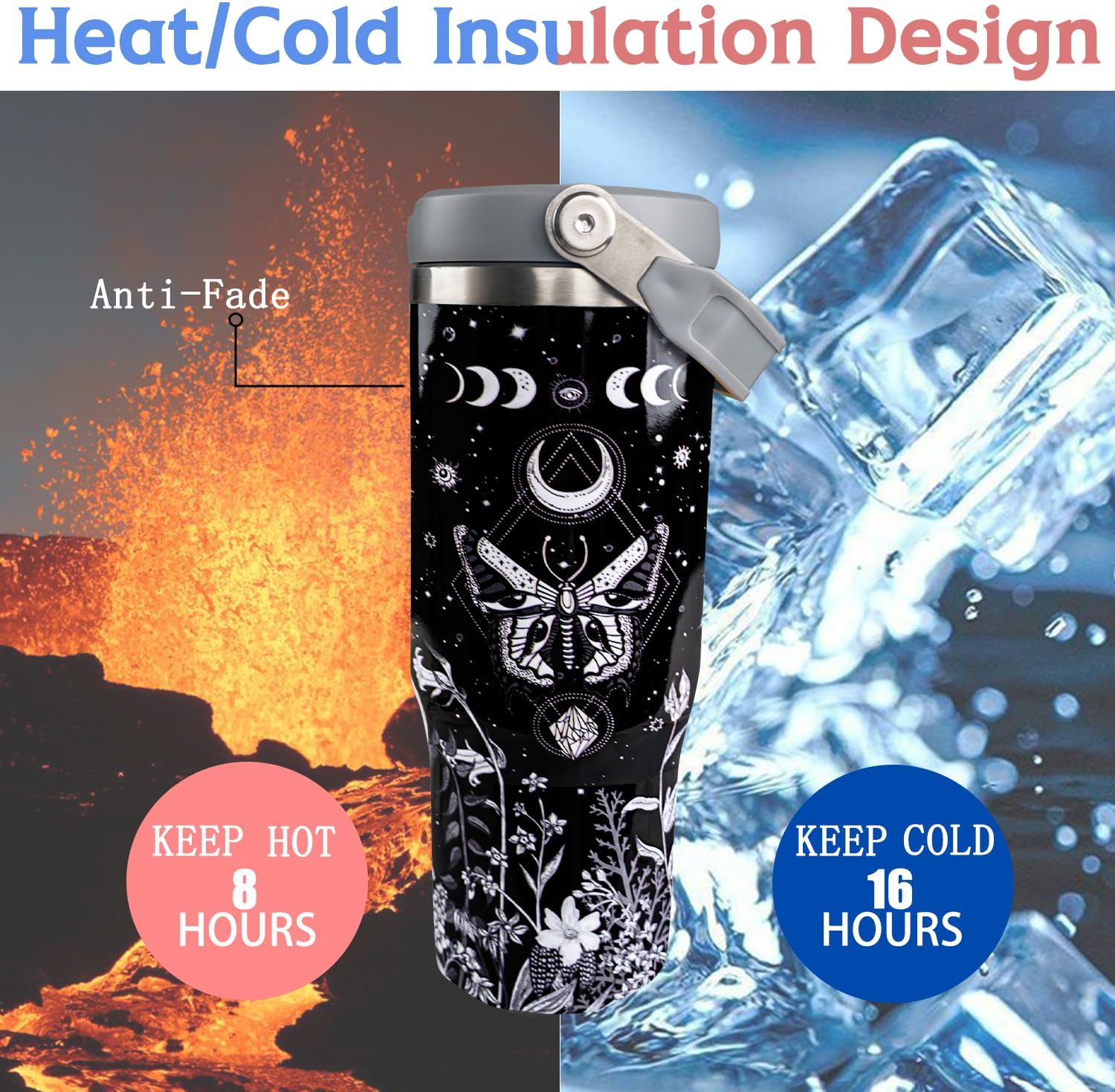 30oz Goth Tumbler with Handle and Straw, Sun and Moon Cup Gothic Butterfly Insulated Leak Proof Travel Coffee Mug, Witchy Stuff, Reusable Stainless Steel Witch Tumbler - Image 4