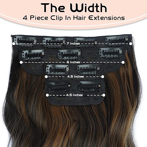 Miniatura 3 de Vigorous Extensiones de cabello con clip, color negro y oscuro, mezcla de marrón claro, 4 piezas, cabello sintético grueso y ondulado para mujer