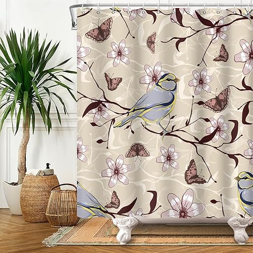 Miniatura 8 de Yeele Cortina de ducha con diseño de pájaros lindos cortina de ducha beige con pájaros cortina de ducha impermeable para decoración de baño con