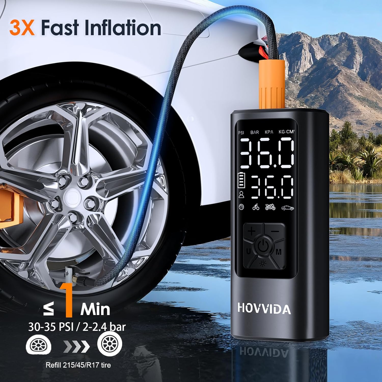 HOVVIDA Portable Air Compressor inflating a car tire, showing fast inflation capability
