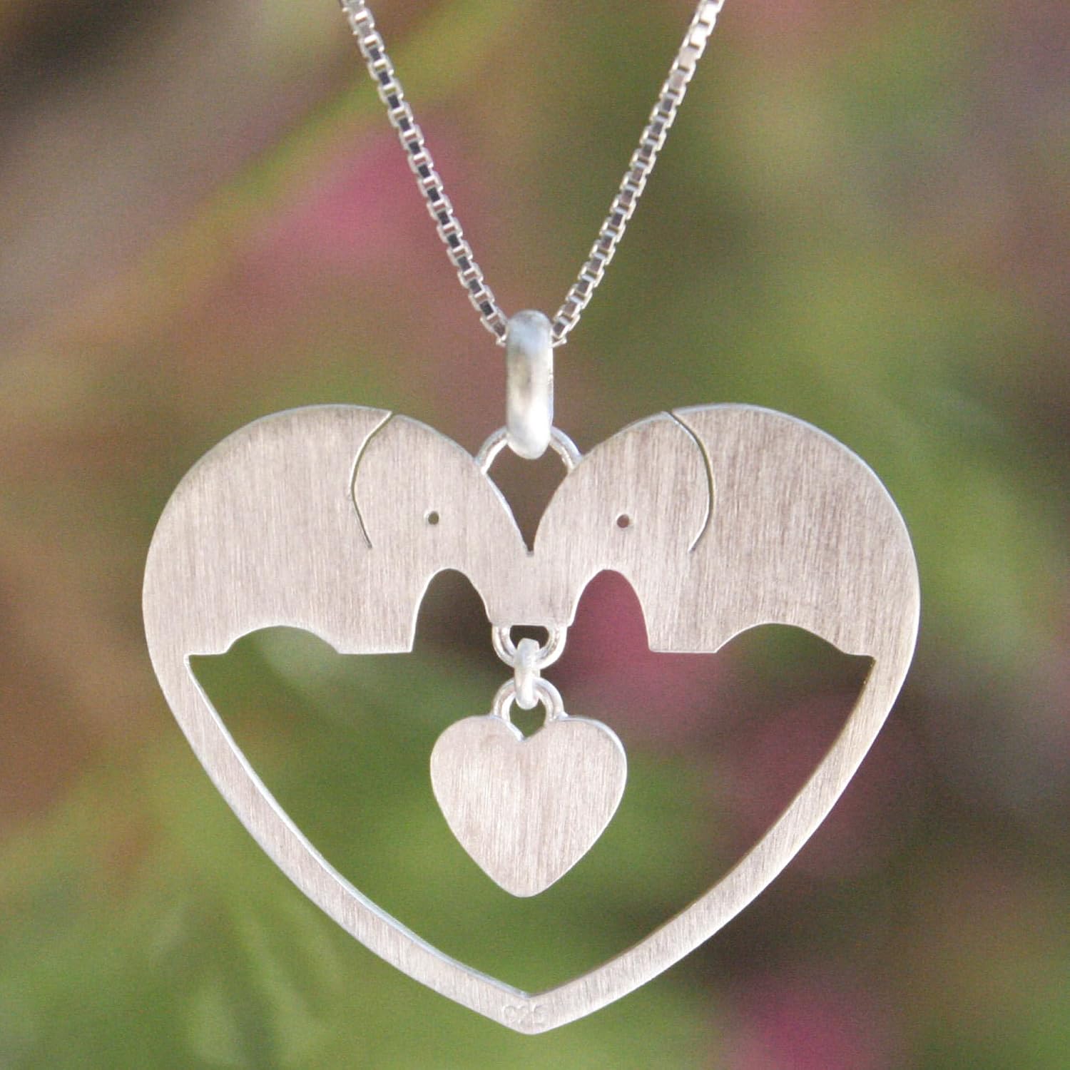 NOVICA Artisan Handmade Sterling Silver Heart Necklace Pendant Thailand Animal Themed Elephant [18 in L 1 mm W Extender 1 in L Pendant(s) 1.1 in L x 1.2 in W] ' Elephants in Love'
