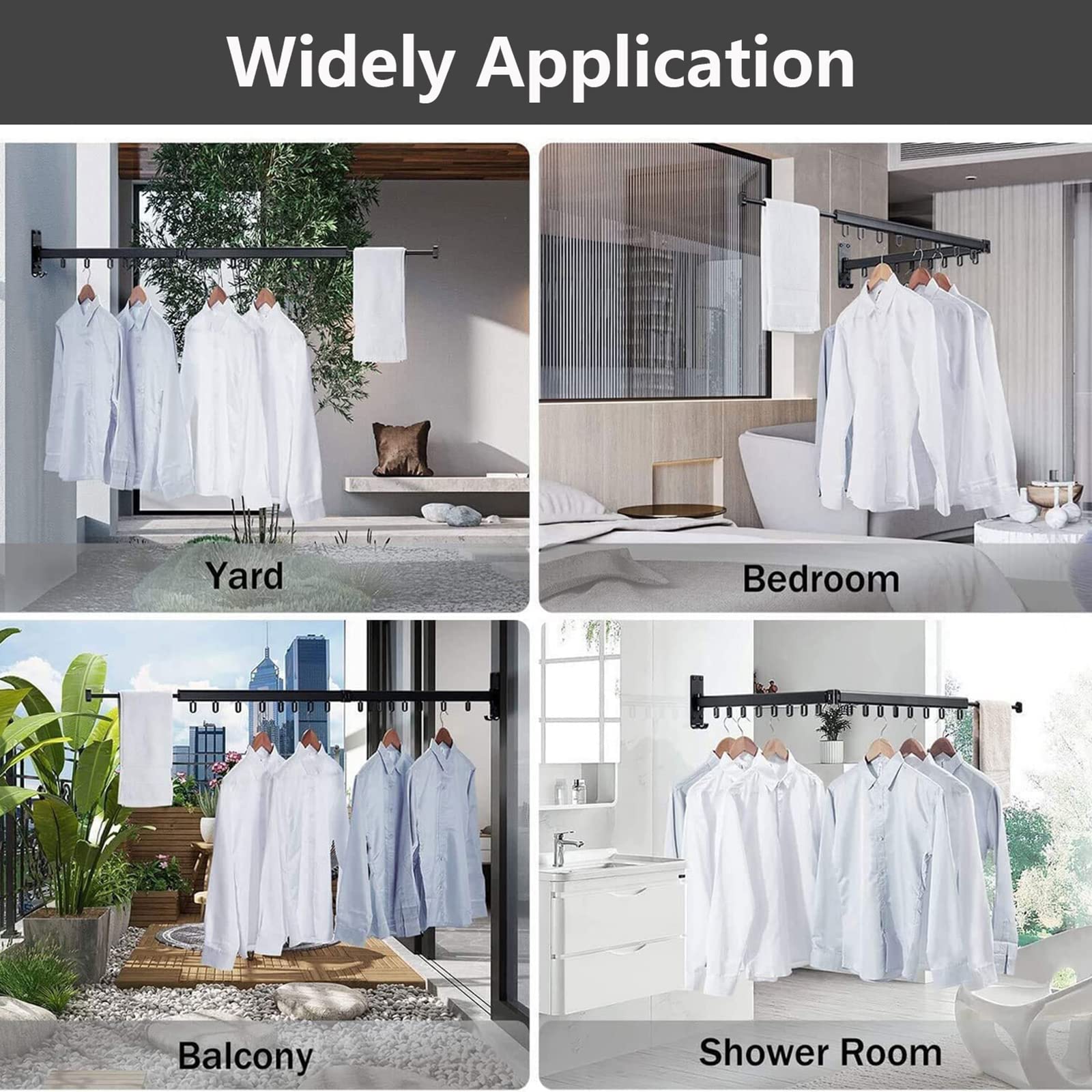 Zusammenklappbarer, wandmontierter Wäscheständer – Ausziehbare und platzsparende Wäscheleine, geeignet für Balkone, Badezimmer und Waschküchen – Längenverstellbarer, schwarzer Wäscheständer