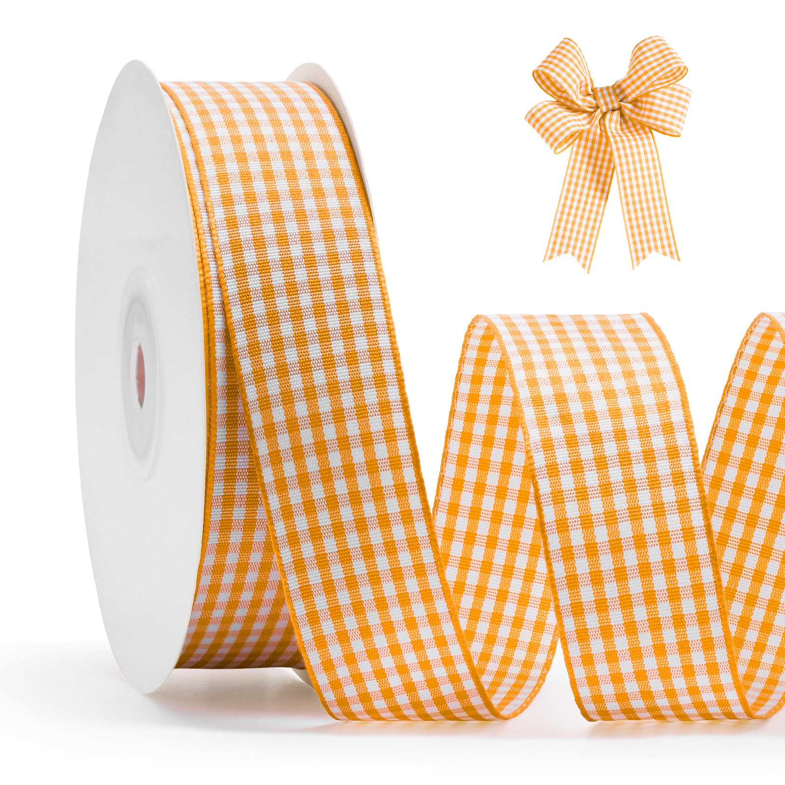 FAKILO Orange Gingham Ribbon 1 inch, 25 Yards Roll Orange and White Buffalo Plaid Ribbon Autumn Harvest Festival Check Ribbon for Autumn Gift Wrapping