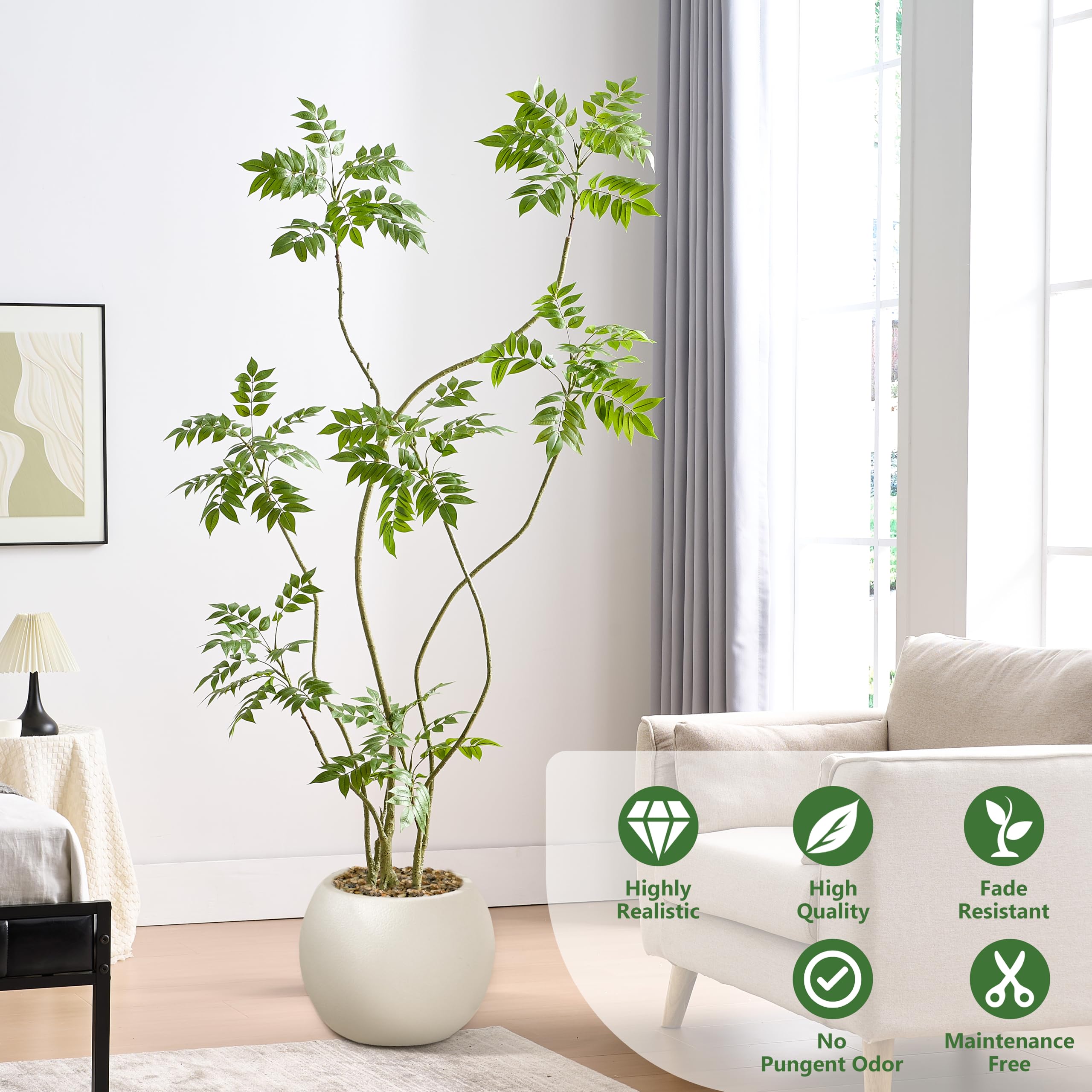 Künstlicher Mahonia Fortunei Baum 180 cm, Kunstpflanzen Groß mit Weiß Topf | Kunstpflanze Sumachbaum Plastik Pflanze Kunstbaum für Zimmer Wohnzimmer Schlafzimmer Büro Terrasse Balkon Garten Deko