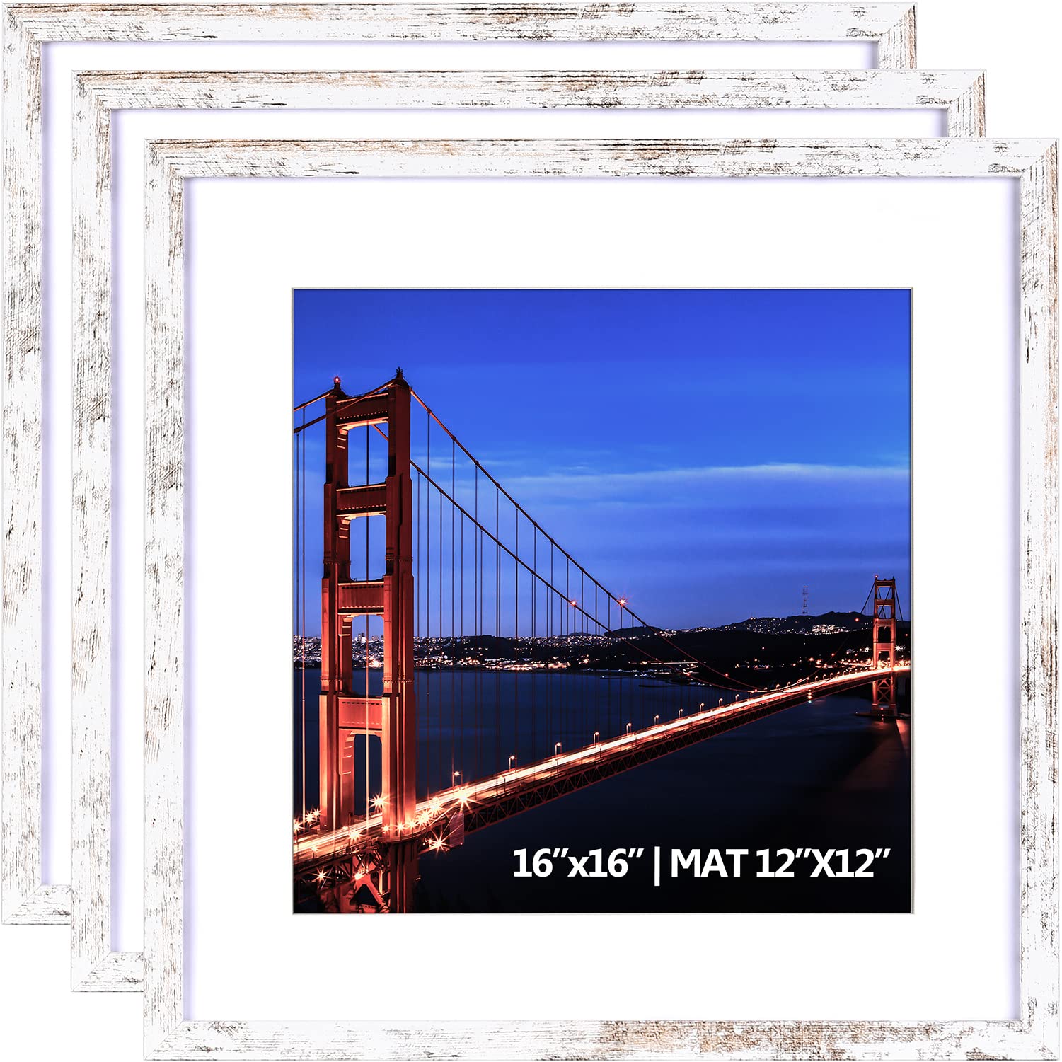 Yaetm 16x16 Picture Frame Rustic White Set of 3, Square Photo Frame Displays 12x12 with Mat or 16 x 16 without Mat, Gallery Wall Frame for Wall Mounting (3 Pack, White)