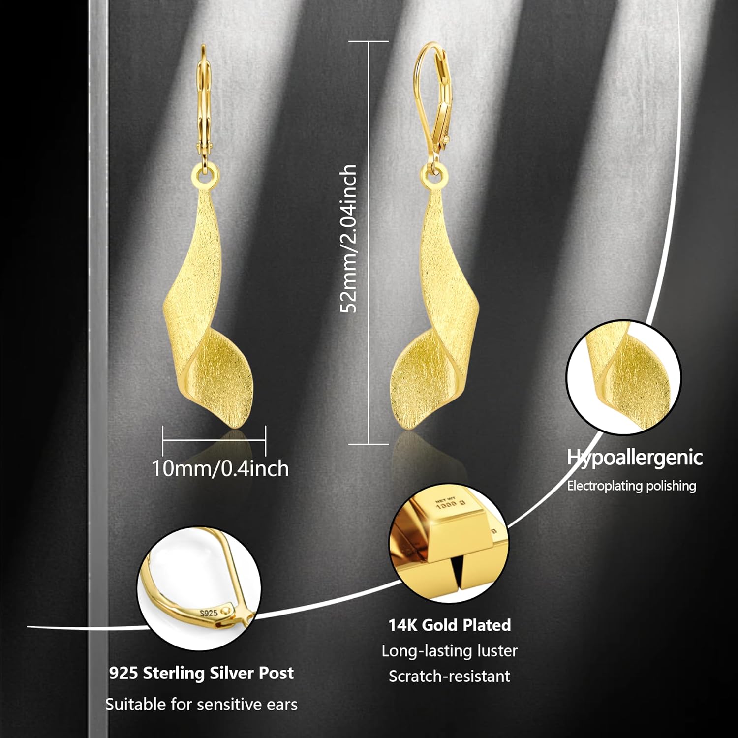 925 Sterling Silver Twisted Dangle Earrings for Women Hypoallergenic Handmade Earrings 14k Gold Plated Leverback Drop Dangle Earrings Trendy for Women Jewelry Gifts - Image 6