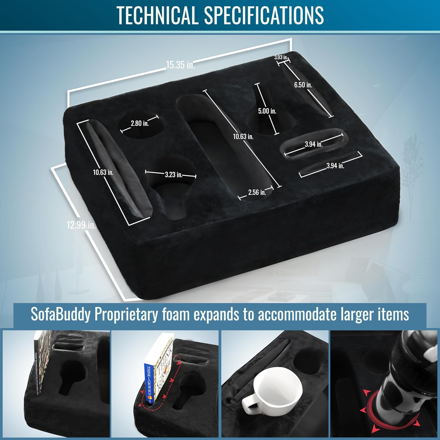 Convenient Couch Cup Holder, Couch Caddy, Sofa Cup Holder. The Perfect Couch Accessory Sqaure-Fabric-BD-Black