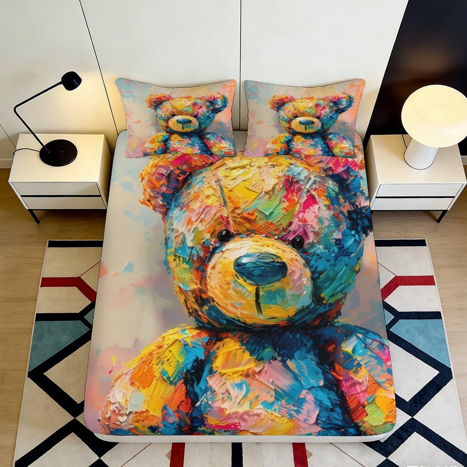 3D Printed Colorful Teddy Bear Fitted Sheet Microfiber Soft Breathable Abstract Art Bed Sheet for Bedroom Dormitory Guest Room Mattress Protection 180x200x25cm
