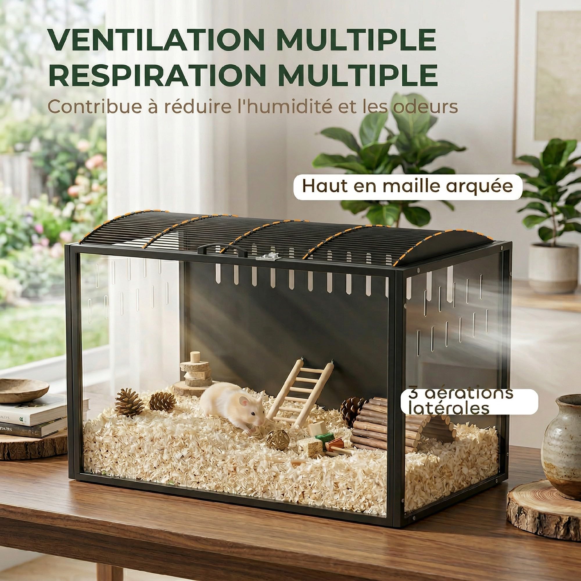 PawHut Cage à Hamster Géante 105 cm Habitat pour Rongeur en Acier et Acrylique Transparent Grande Cage avec Vue Panoramique et Toit Ouvrant pour Hamster Syrien et Souris, Noir