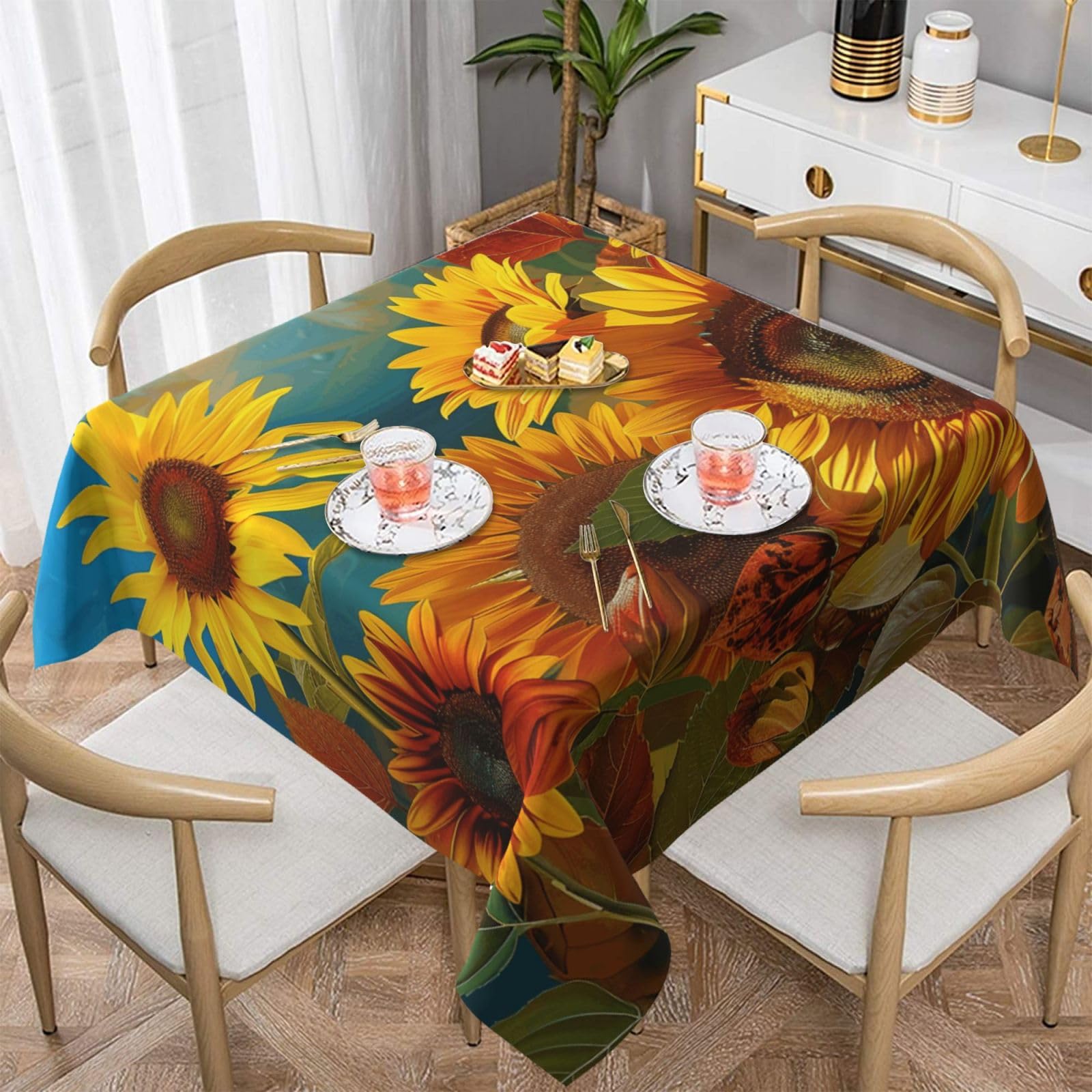 WPKJU Yellow Sunflowers Printed Square Tablecloth 60x60 inch Water Resistant Table Cover Washable Rectangle Table Cloth for Dining Tables