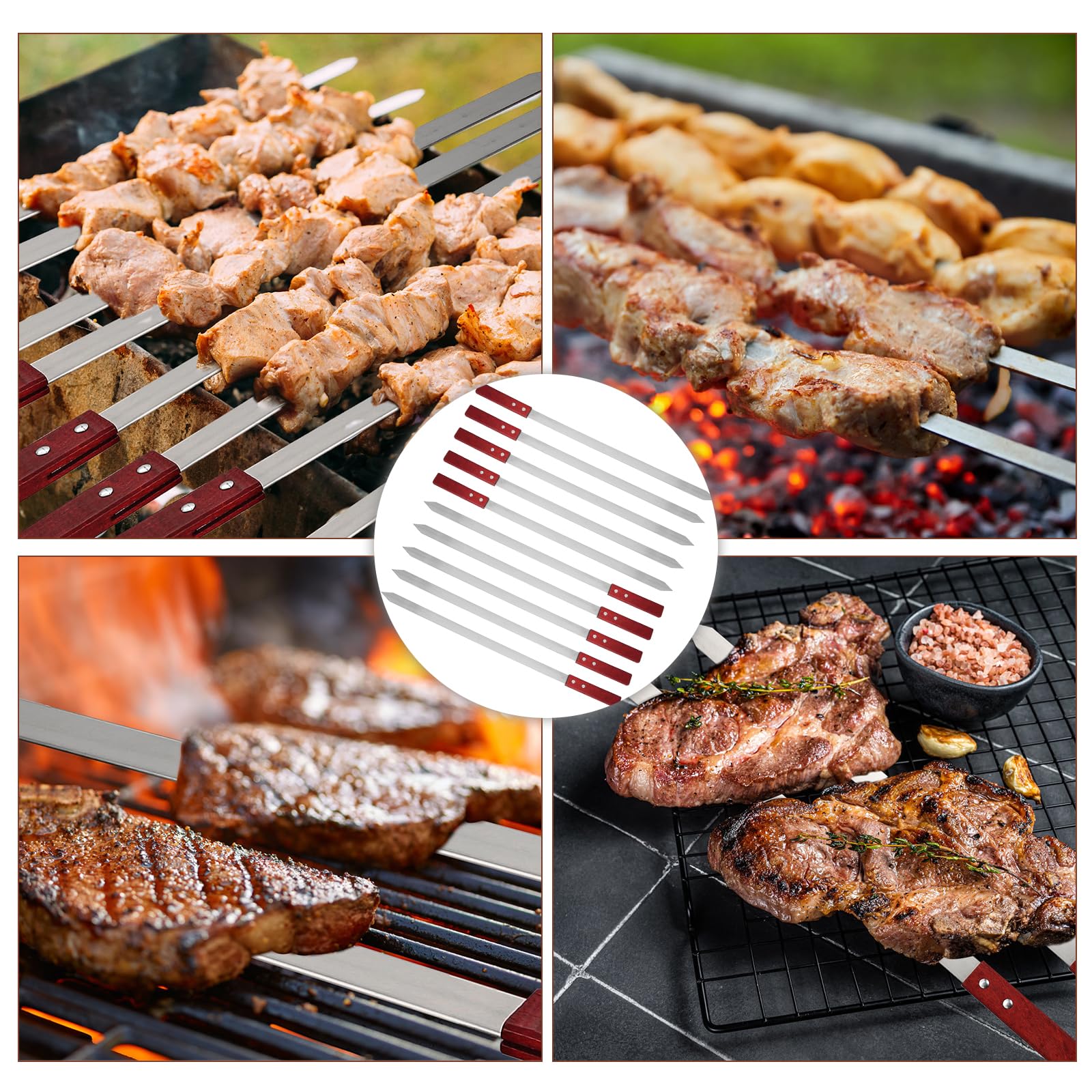 10 Stücke Flache Grillspießen Edelstahl mit Holzgriffen，60cm Schaschlikspieße Wiederverwendbar, Adana Kebab Spieße Grillzubehör für Grillbesteck