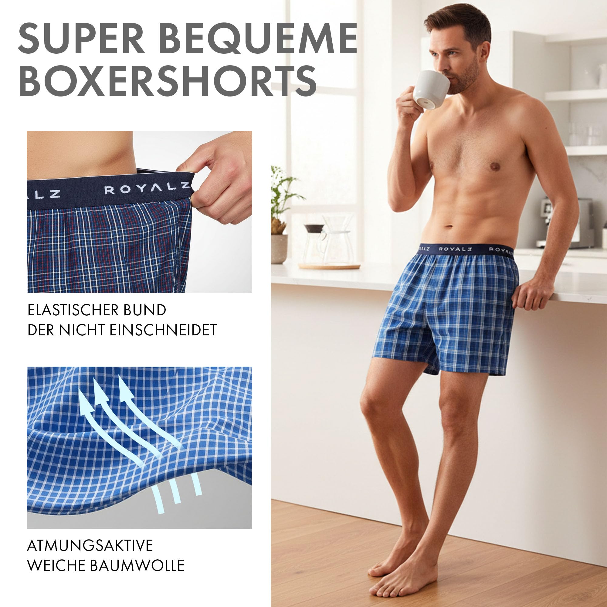 ROYALZ Boxershorts American Style für Herren 5er Pack - Weite Männer Unterhosen Baumwolle klassisch Blau Kariert Unterwäsche
