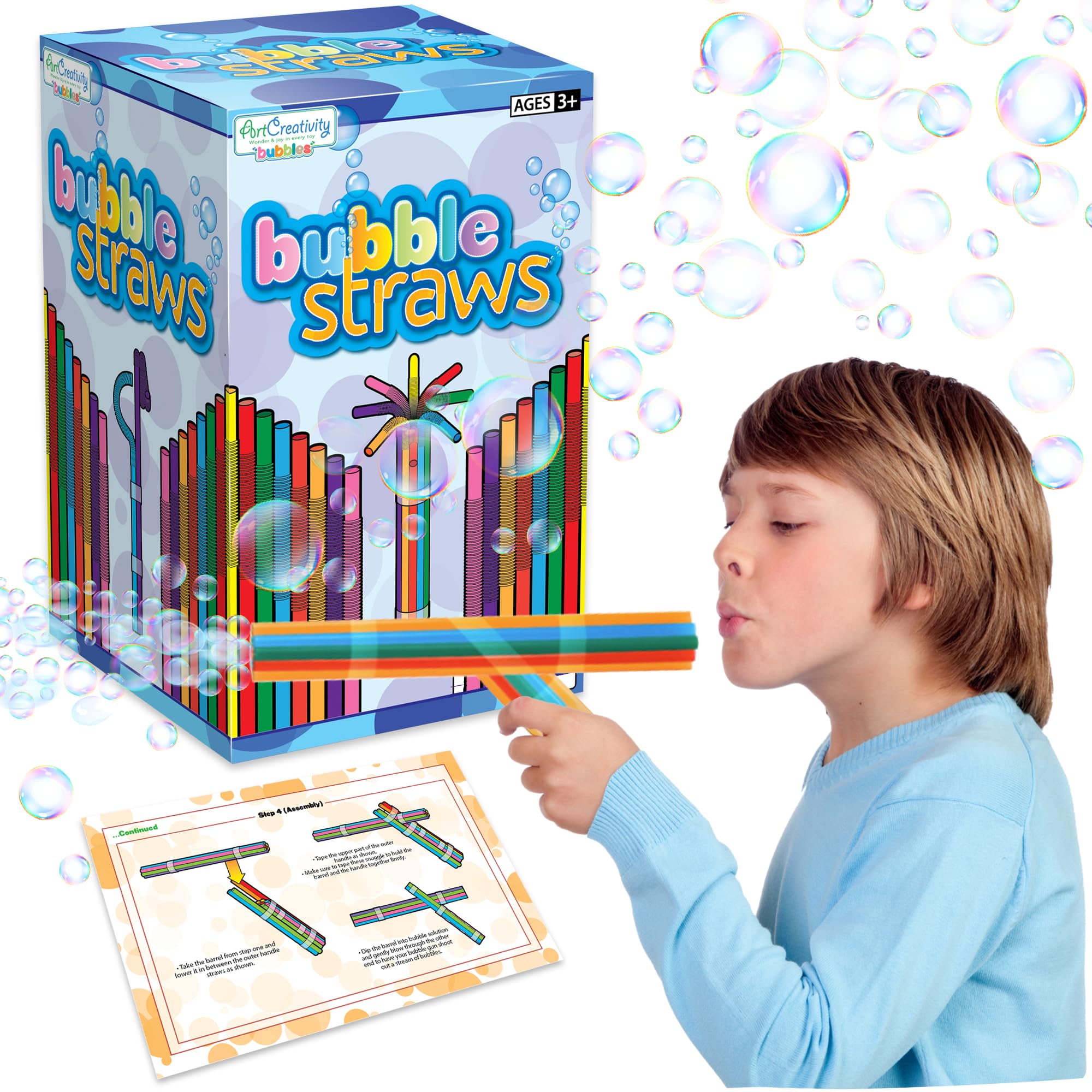 ArtCreativity DIY Bubble Wand Craft for Kids - Set of 300 Straws, Bubble Solution and How-to Guide - - Bubble Wand Craft for Toddlers in 6 Colors - Bubble Blower Craft Ages 4-10