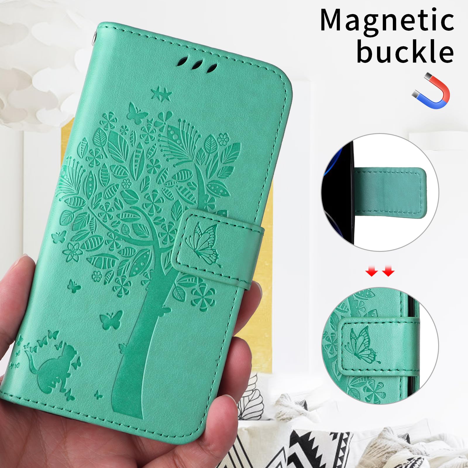 Cover Portafoglio In Pelle Con Motivo Per Google Pixel 4a 4G - Custodia Con Slot Carte E Chiusura Magnetica, Verde - 4