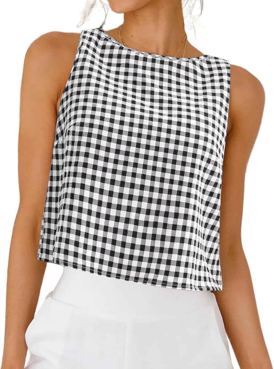 Womens Gingham Top Summer CropTank Tops Button Back Casual Sleeveless Shirts Blouses Resort Wear 2026